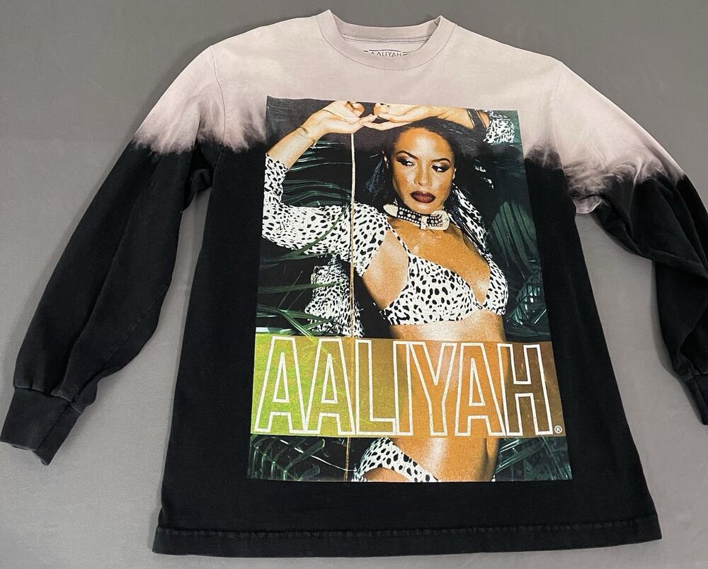 Aaliyah Long Sleeve Graphic Shirt Small Black Tan Bleach Dip Dye Rap Tee R&B